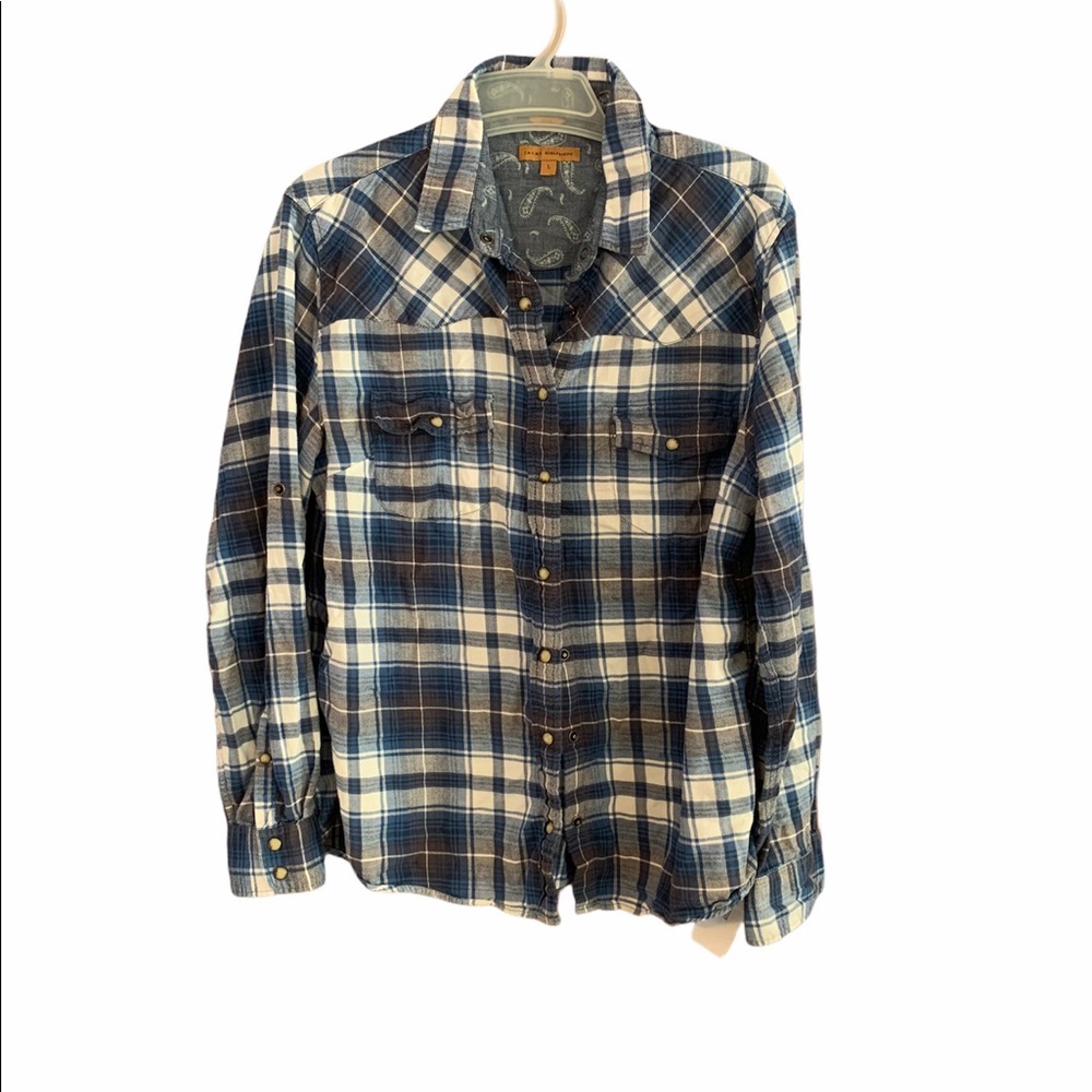 JACHS Girlfriend Flannel Pearl Snap Shirt Blue White Plaid  Cozy Farmhouse L NWT